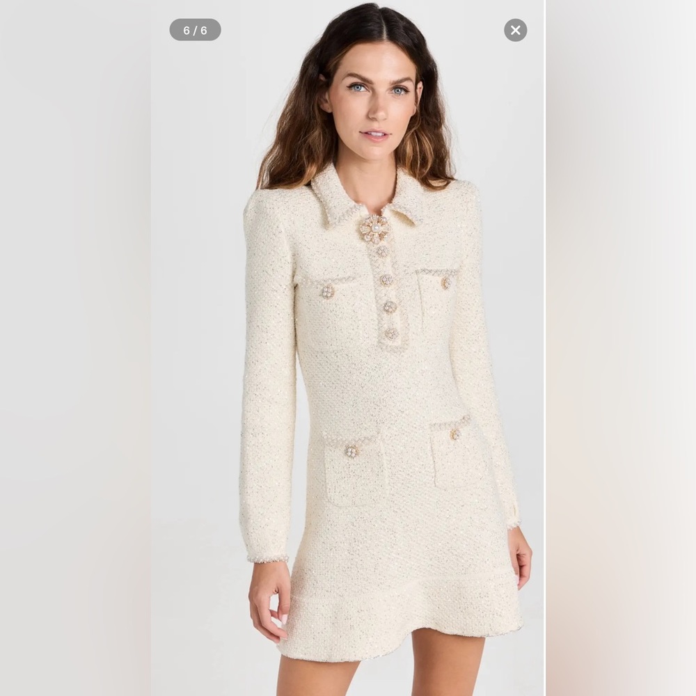 Self-Portrait Cream Embellished sequined bouclé-knit mini dress Size:M